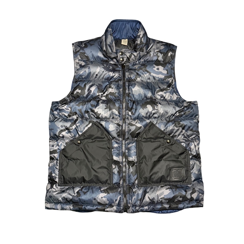 Coach Mens Reversible Camo Puffer Vest Blue Grey Down Fill F76102 XL